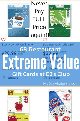 68 restaurant gift cards at extreme value at bjs wholesale club