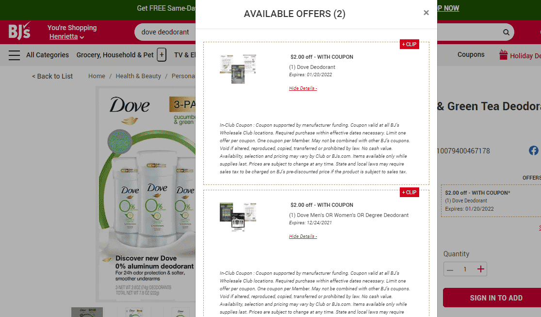 dove doedorant at bjs