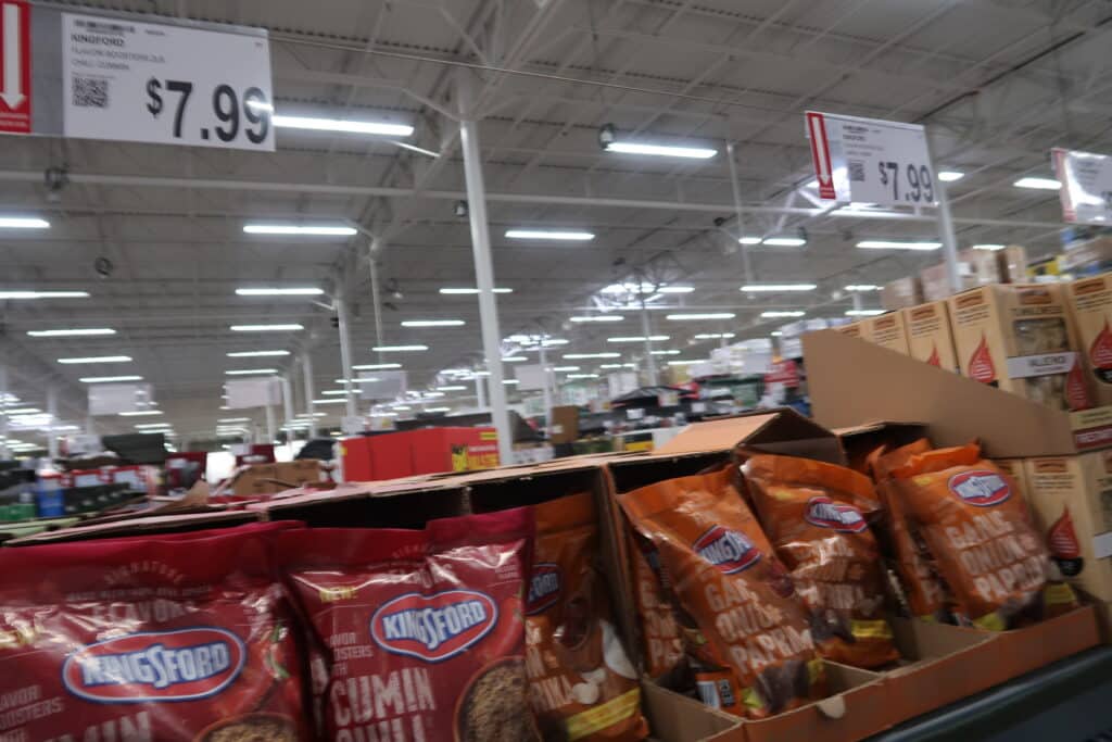 Kingsford flavored charcoal bags on store shelf at BJs Wholesale.
