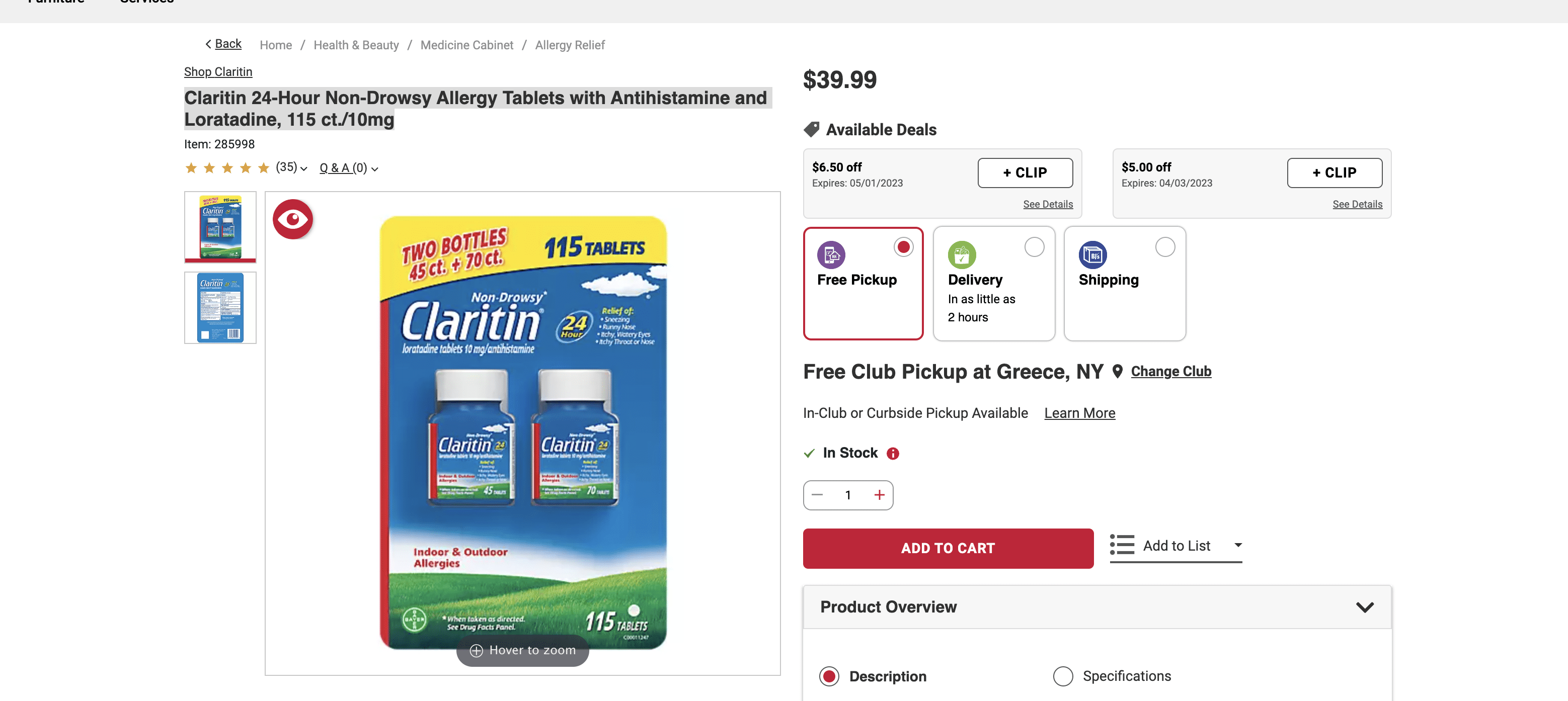 claritin deal at BJs