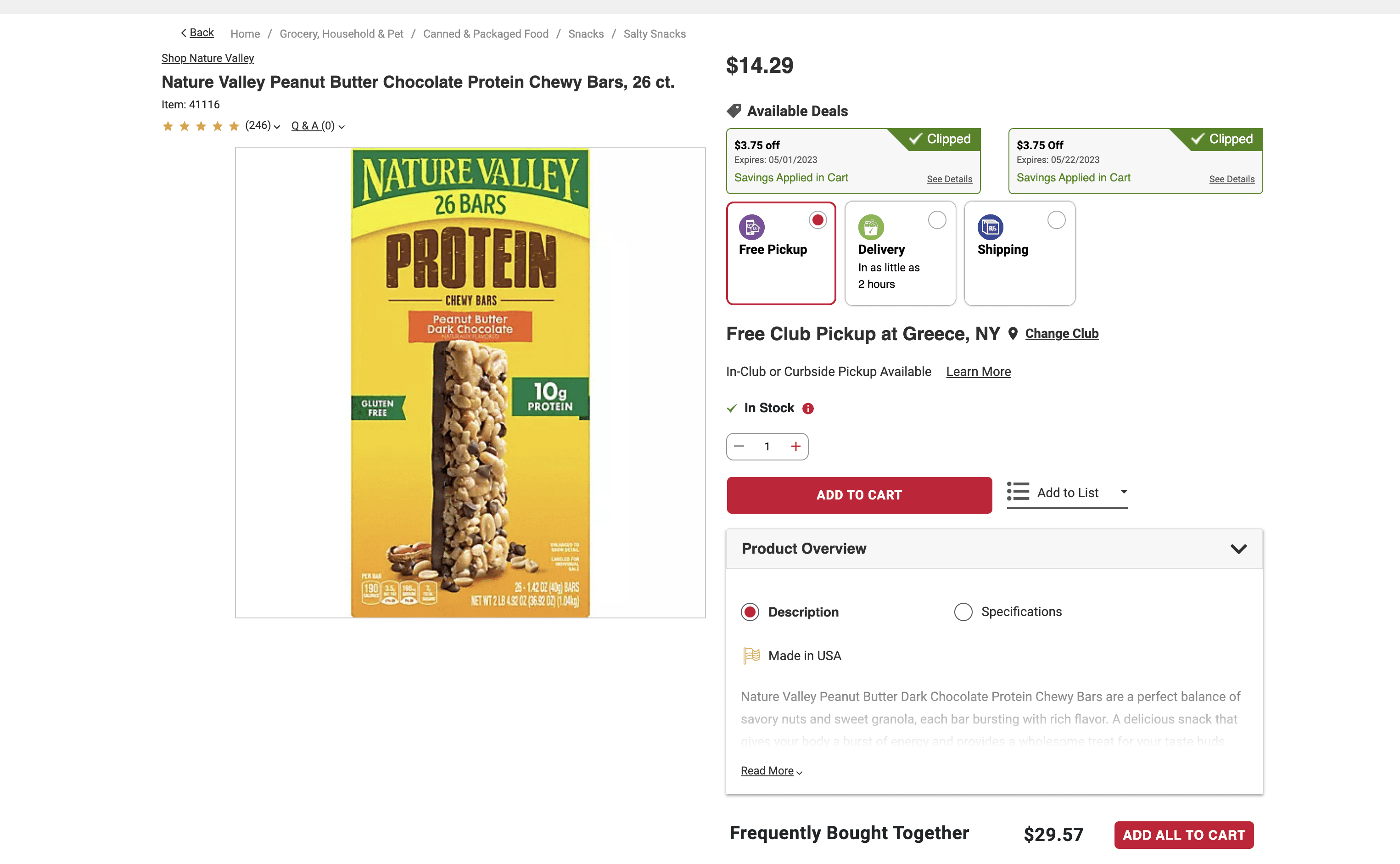 nature valley protein bars at BJs