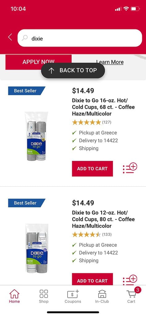 dixie cups and coupon at Bjs