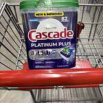 Cascade Platinum Plus dishwasher detergent, 82-count, in shopping cart.
