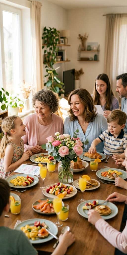 Family enjoying Mother's Day brunch with food and flowers.