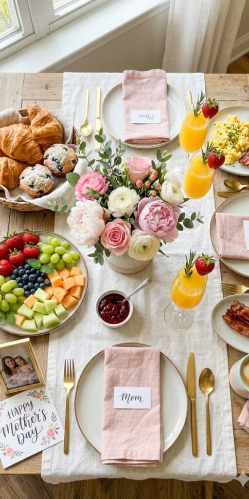 Mother's Day brunch table with flowers, fruit, and drinks for a family celebration.