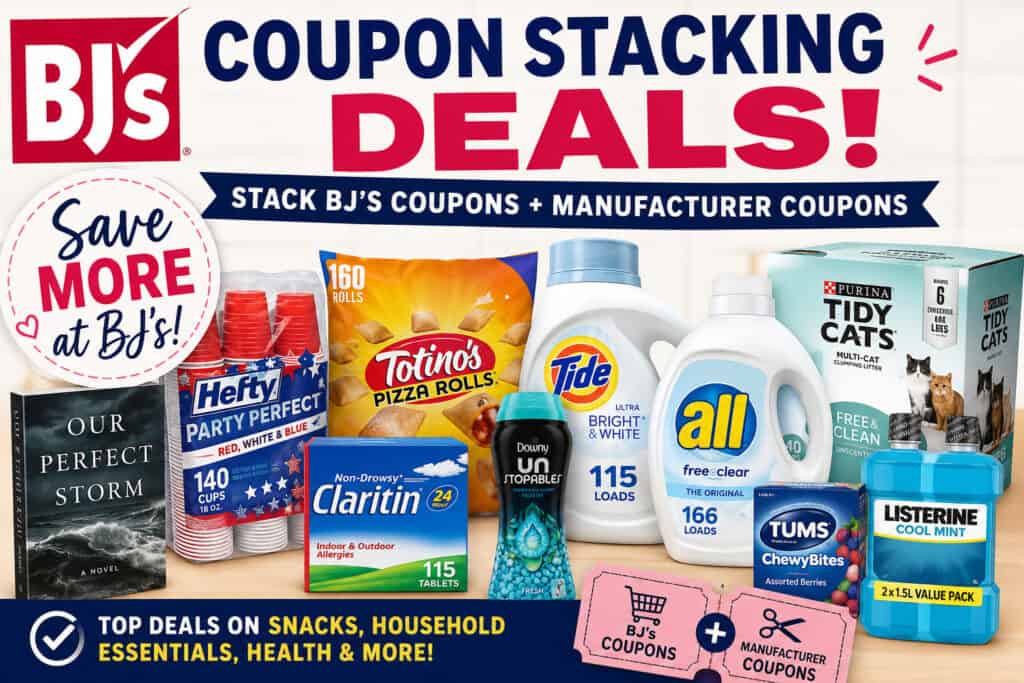 BJs Wholesale coupon stacking deals with various manufacturer coupons and discounts.