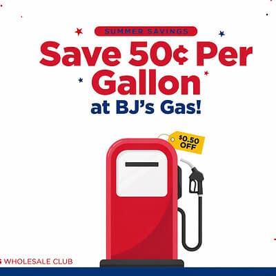 Gas pump with savings offer of 50 cents per gallon at BJ's Gas.