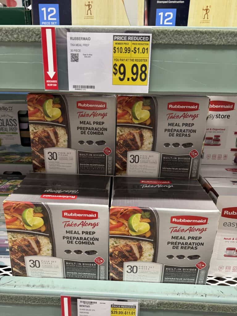 Rubbermaid meal prep containers on store shelf at MyBJsWholesale.