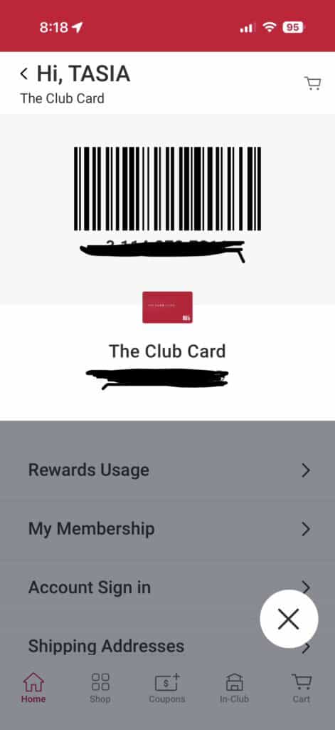 MyBJsWholesale club card barcode for member identification.