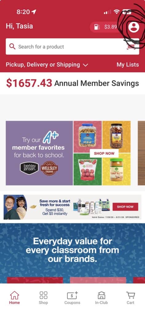 Screenshot of MyBJsWholesale mobile app homepage with product categories and savings info.