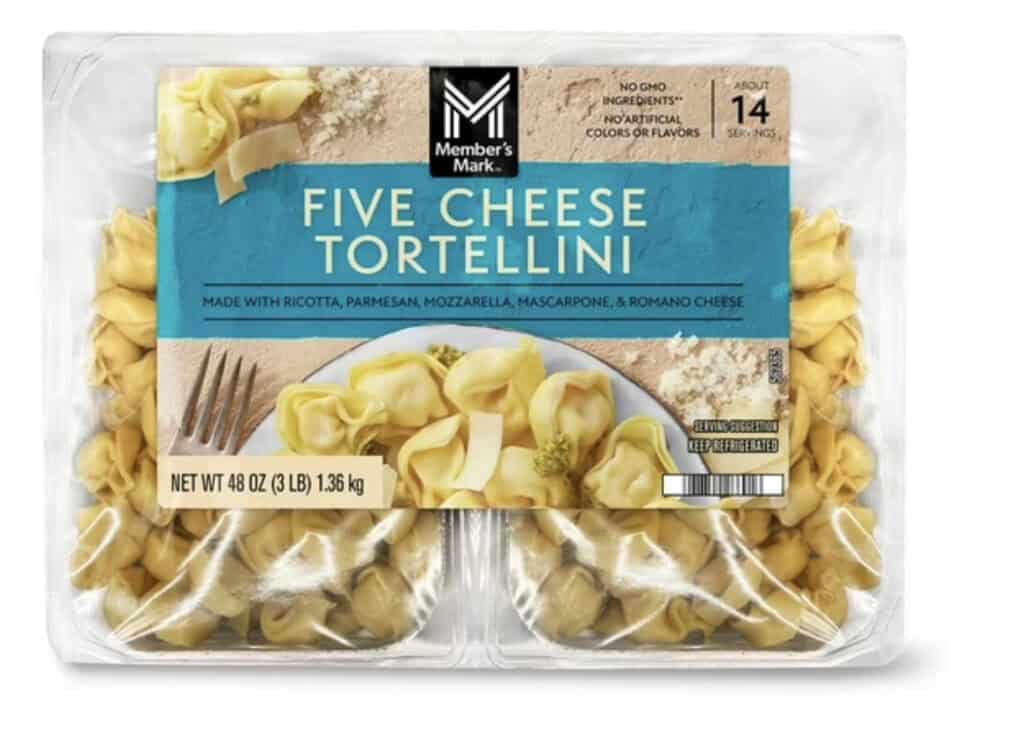 Five cheese tortellini with ricotta, parmesan, mozzarella, mascarpone, and romano cheese.