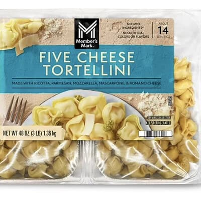 Five cheese tortellini with ricotta, parmesan, mozzarella, mascarpone, and romano cheese.