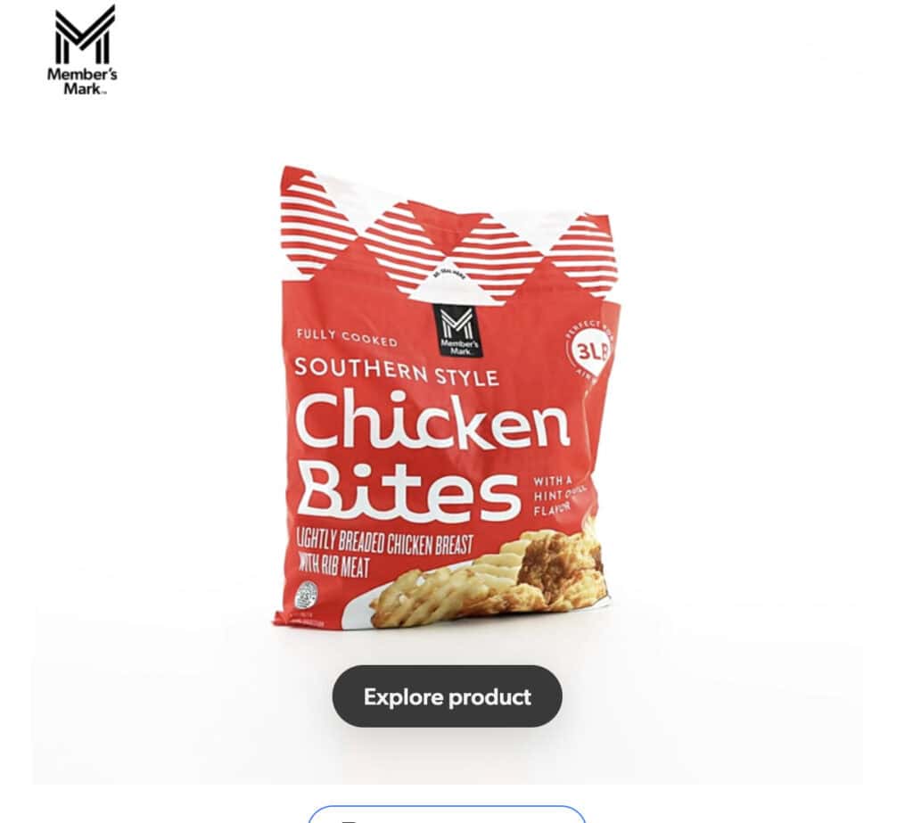 Bag of fully cooked Southern style chicken bites with rib meat from MyBJsWholesale.