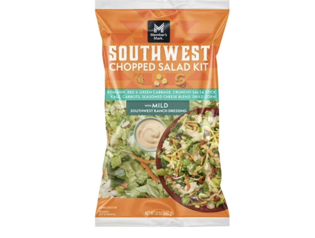 Southwest chopped salad kit with dressing and vegetables in a bag.