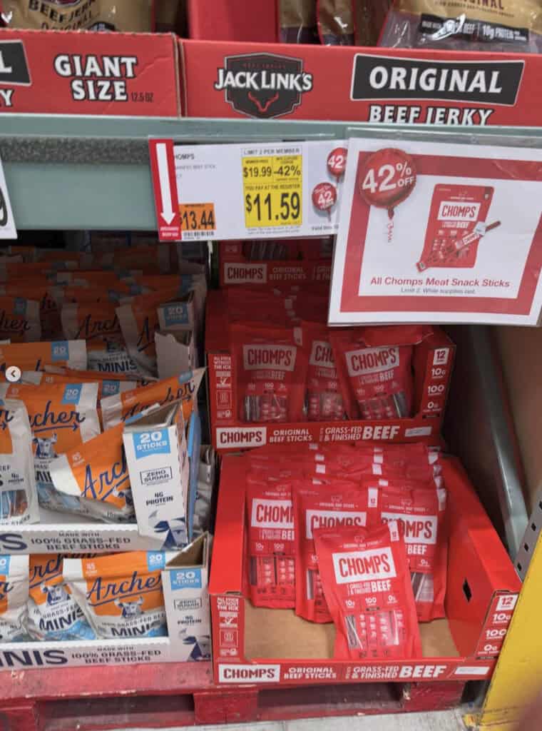 Chomps beef jerky snack packs on sale at BJ's Wholesale store.