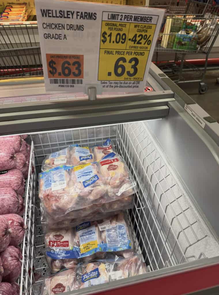 Fresh chicken drums on sale at BJ's Wholesale for $6.63 per pound.
